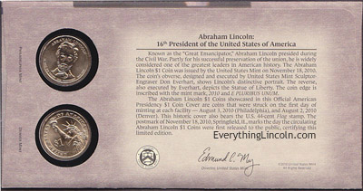 Abraham Lincoln dollar coin envelope