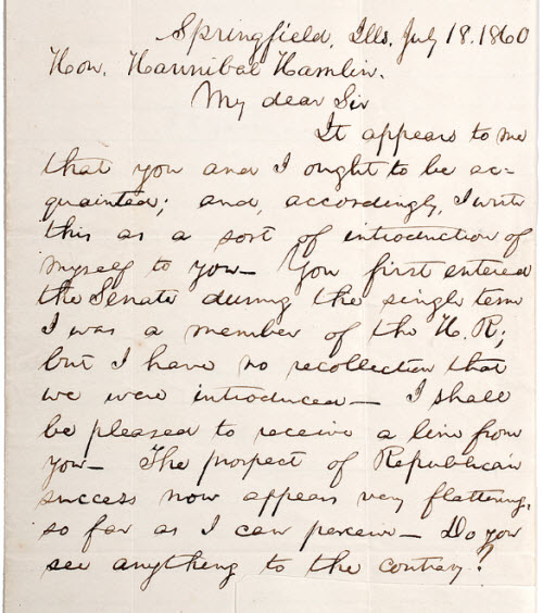 Lincoln letter of introduction to Hannibal Hamlin