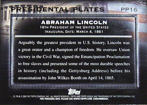 2009 Topps PP-16 Abraham Lincoln baseball card
